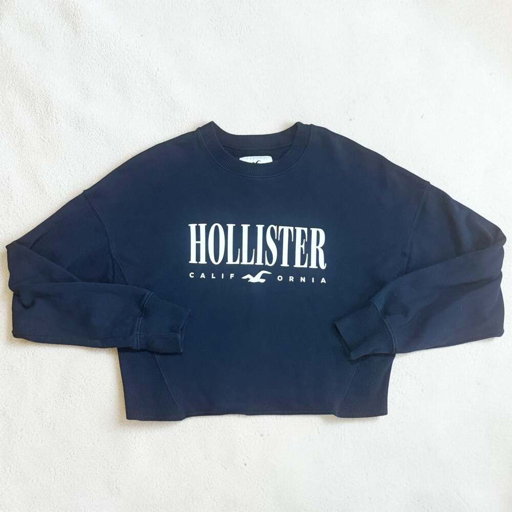 Hollister California Cropped Logo Sweatshirt, Navy Blue, Size M